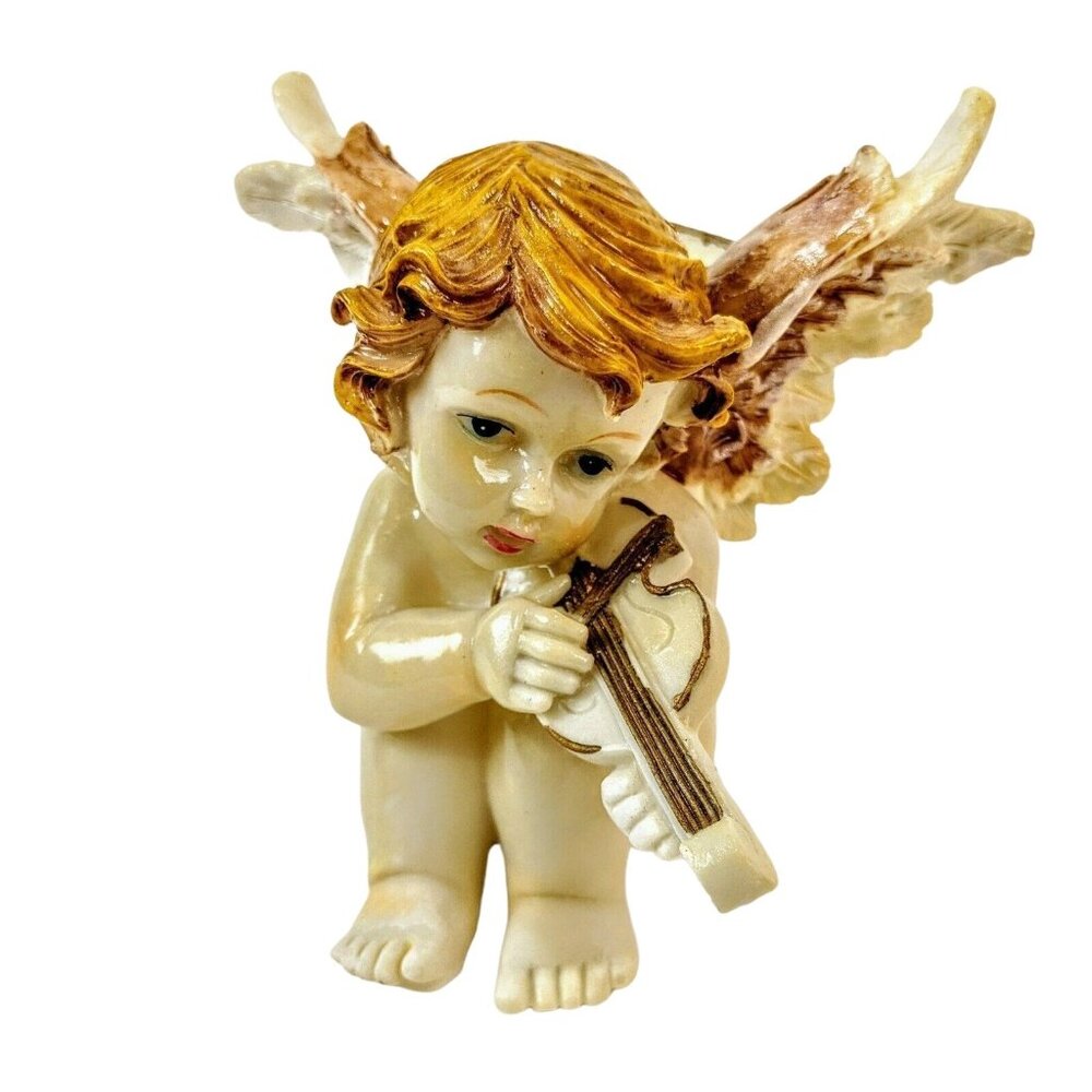 Vintage Angel Figurine Playing Violin With Gold-Toned Hair & Brown Wings 10c